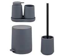 eluno TESERO - Set di accessori da bagno con superficie soft touch, 5 pezzi, in dispenser di sapone, bicchiere, ciotola, secchiello per cosmetici, scopino WC per bagno e WC degli ospiti in plastica