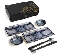 ELUSH 8 Piece Japanese Style Ceramic Sushi Plate Set 10-inch rectangle