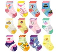 ELUTONG Calzini per bambini con impugnature, 12 paia di calzini antiscivolo per bambini da 1 a 7 anni, #4 Ragazze con motivi carini, 3-5 Years