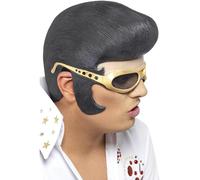 Smiffys Copricapo Elvis, Nero, con capelli e occhiali da sole dorati Halloween