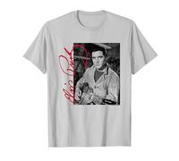 Elvisly Yours Elvis Presley con Chitarra e Firma Maglietta, Uomo, Argento, XL