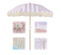Elyrthriumc Ombrellone da spiaggia da 6,5 piedi con frangia, ombrellone da patio a righe bianco e rosa con nappe bianche, ombrellone da giardino portatile, parasole UPF 50+, palo in legno da 1,26" e