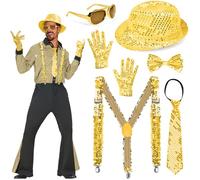 EMAGEREN 6 Pezzi Vestito da Festa Uomo Paillette Disco, con Bretelle con Paillettes Papillon con Pailletta Guanti con Paillettes Cappello con Paillette Occhiali Fiocco, per Feste Anni '80 Oro
