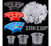 Emalla - 300 tappi per tatuaggi con 3 colori, supporto per bicchiere di inchiostro per tatuaggi, 100 piccoli 100 mezzi, 100 grandi inchiostri per tatuaggi, bicchieri + 3 portabicchieri per tatuaggio