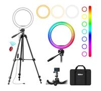 EMART Luce ad anello da 25,4 cm con treppiede estensibile da 140 cm e supporto per telefono, 16 modalità di colori RGB, 10 livelli dimmerabili, luci LED per selfie con telecomando wireless per lo