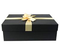 Emartbuy Lusso Rigido Scatola Regalo Presentazione Rettangolo 38 cm x 27 cm x 10 cm, Scatola Nera Con Coperchio, Interno Stampato e Nastro Decorativo In Raso Crema