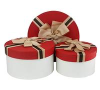 Emartbuy Set di 3 scatole regalo rotonde bianche con coperchio rosso e nastro marrone a righe