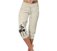 EMATOP Pantaloni estivi da donna 3/4 Capris, pantaloni da jogging per il tempo libero, leggeri, in vita elasticizzata, con tasche, pantaloni da corsa, motivo dente di leone, pantaloni per il tempo