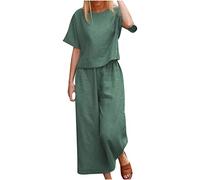 EMATOP Tuta da donna in lino, 2 pezzi, estiva, casual, 2 pezzi, a maniche corte e pantaloni lunghi, per il tempo libero, leggera, in tinta unita, con tasche, elegante cotone, 36-verde, S