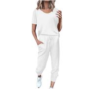 EMATOP Tuta sportiva da donna, estiva, a maniche corte, casual, in cotone, 2 pezzi, tinta unita, da jogging, con tasche, per corsa, yoga, 25-bianco, M