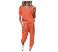 EMATOP Tuta sportiva da donna, estiva, a maniche corte, casual, in cotone, 2 pezzi, tinta unita, da jogging, con tasche, per corsa, yoga, 06-arancione, S