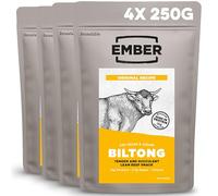 Ember Beef Biltong Originale 1kg - Snack Proteico Jerky di Carne Secca - Pochi Grassi, Senza Zuccheri Aggiunti, Keto, Senza Coloranti o Aromi Artificiali - 4 Buste Richiudibili Formato Scorta da 250g