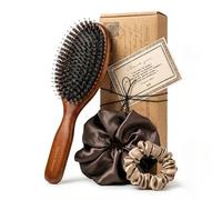 Ember & Blossom Set regalo con setole di cinghiale - Scatola vintage personalizzata (per scrivere) - Legno di faggio e setole pure, 2 scrunchies in raso, regalo di benessere sostenibile da donna