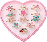Embhlitfe Set di 12 anelli regolabili per bambini, per ragazze, set di anelli per bambine, giocattoli per travestimento da principessa, con scatola a forma di cuore, anello per feste per ragazze
