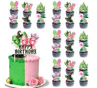 Embhlitfe Set di decorazioni per torte a tema strega, per feste di compleanno, include 1 grande topper per tazza di buon compleanno e 24 topper per cupcake (stile carino)