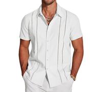 Emboadlie Mens Shirts Men's Cuba Guayabera Exquisite Hollow Embroidered Button Front Shirt Sleeve Casual Beach Shirts (White, L)