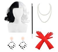 Embravfire - Parrucca da Deville in bianco e nero con guanti rossi, collana di perle e orecchini, parrucca a caschetto riccia bianca e nera, per cosplay di Halloween, cosplay anni '20, 6 pezzi