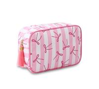 EMBRUNIOICE Borsa per il trucco a righe da viaggio, organizer con nappa, borsa da toilette grande in tela con cerniera e borsa per accessori da donna, Fiocco a righe rosa