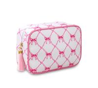 EMBRUNIOICE Borsa per il trucco a righe da viaggio, organizer con nappa, borsa da toilette grande in tela con cerniera e borsa per accessori da donna, Fiocco rosa