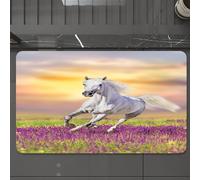 EMCLKS Tappeto Bagno 60x90 cm,Cavallo bianco corre al galoppo tra i fiori contro il cielo al tramonto,Tappetino Assorbente e Antiscivolo in Microfibra per Bagno,Cucina,Camera da Letto,Corridoio