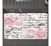 EMCLKS Tappeto Bagno 60x90 cm,Con fiori e foglie rosa su sfondo grigio con striscia. Motivo floreale ad ac,Tappetino Assorbente e Antiscivolo in Microfibra per Bagno,Cucina,Camera da Letto,Corridoio