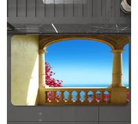 EMCLKS Tappeto Bagno 60x90 cm,Decorazione del patio, balcone antico con vista sul Mediterraneo Bougainvill,Tappetino Assorbente e Antiscivolo in Microfibra per Bagno,Cucina,Camera da Letto,Corridoio