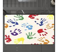 EMCLKS Tappeto Bagno 60x90 cm,Motivo senza cuciture con impronte di mani color arcobaleno e cuori bianchi,Tappetino Assorbente e Antiscivolo in Microfibra per Bagno,Cucina,Camera da Letto,Corridoio