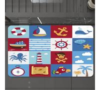 EMCLKS Tappeto Bagno 60x90 cm,Simboli nautici, icone marittime colorate tra cui navi, e vita marina nella,Tappetino Assorbente e Antiscivolo in Microfibra per Bagno,Cucina,Camera da Letto,Corridoio