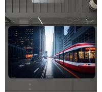 EMCLKS Tappeto Bagno 60x90 cm,Tram che viaggia in città, strade cittadine che viaggiano sotto la pioggia,Tappetino Assorbente e Antiscivolo in Microfibra per Bagno,Cucina,Camera da Letto,Corridoio