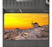 EMCLKS Tappeto Bagno 60x90 cm,Tramonto a Santorini, iconici edifici bianchi e la sagoma del mulino a vento,Tappetino Assorbente e Antiscivolo in Microfibra per Bagno,Cucina,Camera da Letto,Corridoio