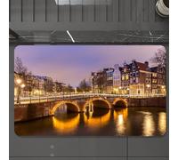 EMCLKS Tappeto Bagno 60x90 cm,Vista notturna del canale di Amsterdam, un ponte decorato con luci, che rifl,Tappetino Assorbente e Antiscivolo in Microfibra per Bagno,Cucina,Camera da Letto,Corridoio