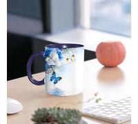 EMCLKS Tazze colazione,Durevole,Tazze Caffe e The 330ml,Idee Regalo Regali Natale,Mug per Lavastoviglie e Microonde,Fiori selvatici floreali, blu e bianchi con papillon monarca Prothèses Zen Spa Th