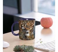 EMCLKS Tazze colazione,Durevole,Tazze Caffe e The 330ml,Idee Regalo Regali Natale,Mug per Lavastoviglie e Microonde,Cervo, primo piano del cervo maschio tra rami secchi e foglie gialle