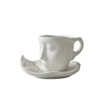 Emdmaltrix Set tazza da caffè con piattino in ceramica rilievo del volto realizzato a mano cucchiaino dorato, 260 ml, blu, for espresso, latte, tè, regali for lei/lui, decorazioni(bianco)