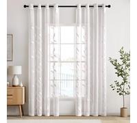 EMEMA Tenda in Voile per Soggiorno con Occhielli, Motivo di Foglie Trasparenti e Ricamo, Set di 2 Tendaggi Moderni per Camera da Letto, Ognuna H 160 x L 140 cm, Foglie Bianche