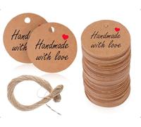 Emezddo 100 pezzi di ciondoli fatti a mano con amore,etichette di carta kraft,etichette decorative sospese,etichette con cordino di juta da 20 metri,per matrimoni,San Valentino(rotondo,3 cm)