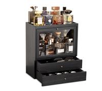 Emfogo Colonia, organizer verticale in legno a 4 ripiani, per profumi, da uomo, grande capacità, antipolvere, organizer per profumi, con doppio cassetto, regalo per i propri cari (nero)