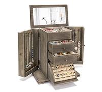 Emfogo Portagioie da donna, in legno rustico, con specchio, organizer per gioielli a 4 strati, per anelli, orecchini, collane, bracciali (grigio invecchiato)