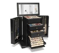 Emfogo Portagioie da donna, rustico, in legno, con specchio, organizer a 4 strati, per anelli, orecchini, collane, bracciali (nero)
