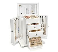 Emfogo Portagioie da donna, rustico, in legno, con specchio, organizer a 4 strati, per anelli, orecchini, collane, bracciali (bianco stagionato)