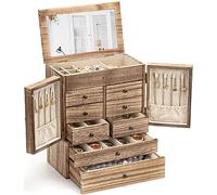 Emfogo Portagioie da donna Scatole e organizzatori di gioielli in legno a 5 strati rustico più recente grande scatola organizer per gioielli 2023 con specchio e 8 cassetti per anelli, orecchini