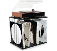 Emfogoo Porta Vinili, Legno Cornice Vinile con 3 Scomparti, Stile Vintage Multifunzionale Mobile Porta Dischi Vinile per Esporre Fino a 80-100 Album e Riviste, per Soggiorno, Ufficio e Studio (Nero)