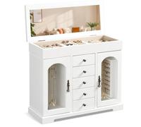 Emfogoo Portagioie da donna, 6 livelli, in legno, grande scatola per gioielli con specchio, rustico, organizer per collane, orecchini, anelli, bracciali (bianco)