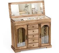 Emfogoo Portagioie da donna, rustico, grande scatola per gioielli, in legno con specchio, 6 strati, scatola portaoggetti per collane, orecchini, anelli, bracciali (marrone rustico)
