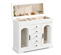 Emfogoo Portagioie Donna, 6 Strati Portagioie Grande Legno Rustico con Specchio, Organizer Gioielli da Camera per Collana, Orecchini, Anelli, Braccialetti (Bianco)