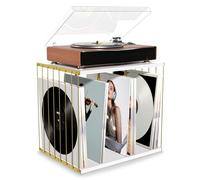 Emfogoo Scatola in vinile, in legno, con supporto in vinile, stile vintage, multifunzione, con 3 scomparti, girevole in vinile, stand fino a 100 album, per soggiorno, ufficio, colore: bianco