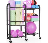 Emfogoo Supporto per Tappetino da Yoga con Ruote, 3 Livelli Rack Palestra per Palle da Ginnastica, Rulli di Schiuma e Manubri, Attrezzi Palestra Casa Rastrelliera Pesi per Casa, Palestra, Scuola(Nero)