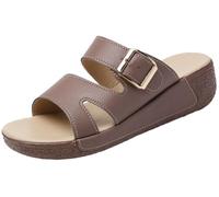 EMGILL Sandali da donna in pelle con zeppa imbottita con plateau e supporto per arco plantare, punta aperta, comodi scivoli per passeggiate all'aperto, Cammeo-marrone, 35.5 EU