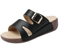 EMGILL Sandali da donna in pelle con zeppa imbottita con plateau e supporto per arco plantare, punta aperta, comodi scivoli per passeggiate all'aperto, nero, 39.5 EU