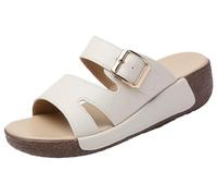 EMGILL Sandali da donna in pelle con zeppa imbottita con plateau e supporto per arco plantare, punta aperta, comodi scivoli per passeggiate all'aperto, Beige, 35.5 EU